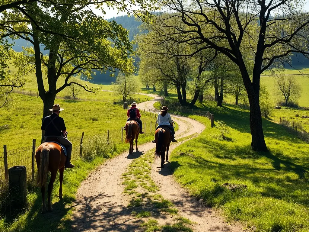 A scenic image of a group of riders on horseback traversing a beautiful trail through the Baie de Beaussais, showcasing the natural beauty of the region.