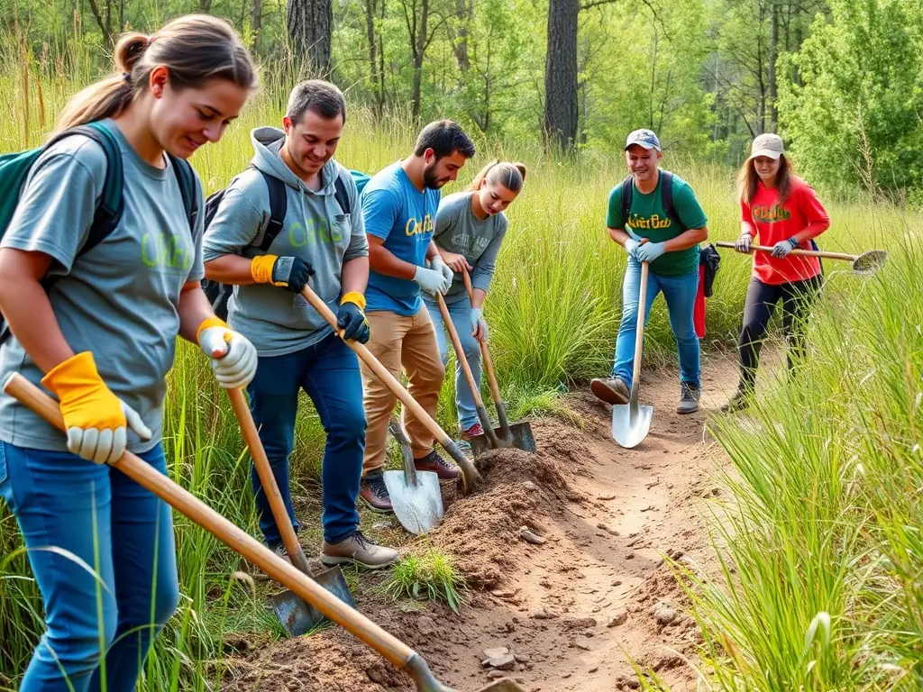 A group of volunteers working together to clear and maintain a section of the equestrian trail, showcasing their dedication to preserving the natural beauty of the Baie de Beaussais.