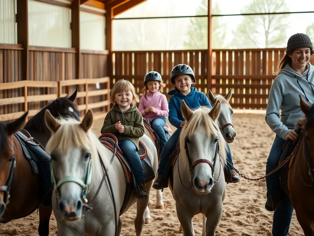 A picturesque scene of children happily participating in a pony riding session, led by experienced instructors in a safe, enclosed arena. The image captures the joy and excitement of young riders as they connect with the gentle ponies.
