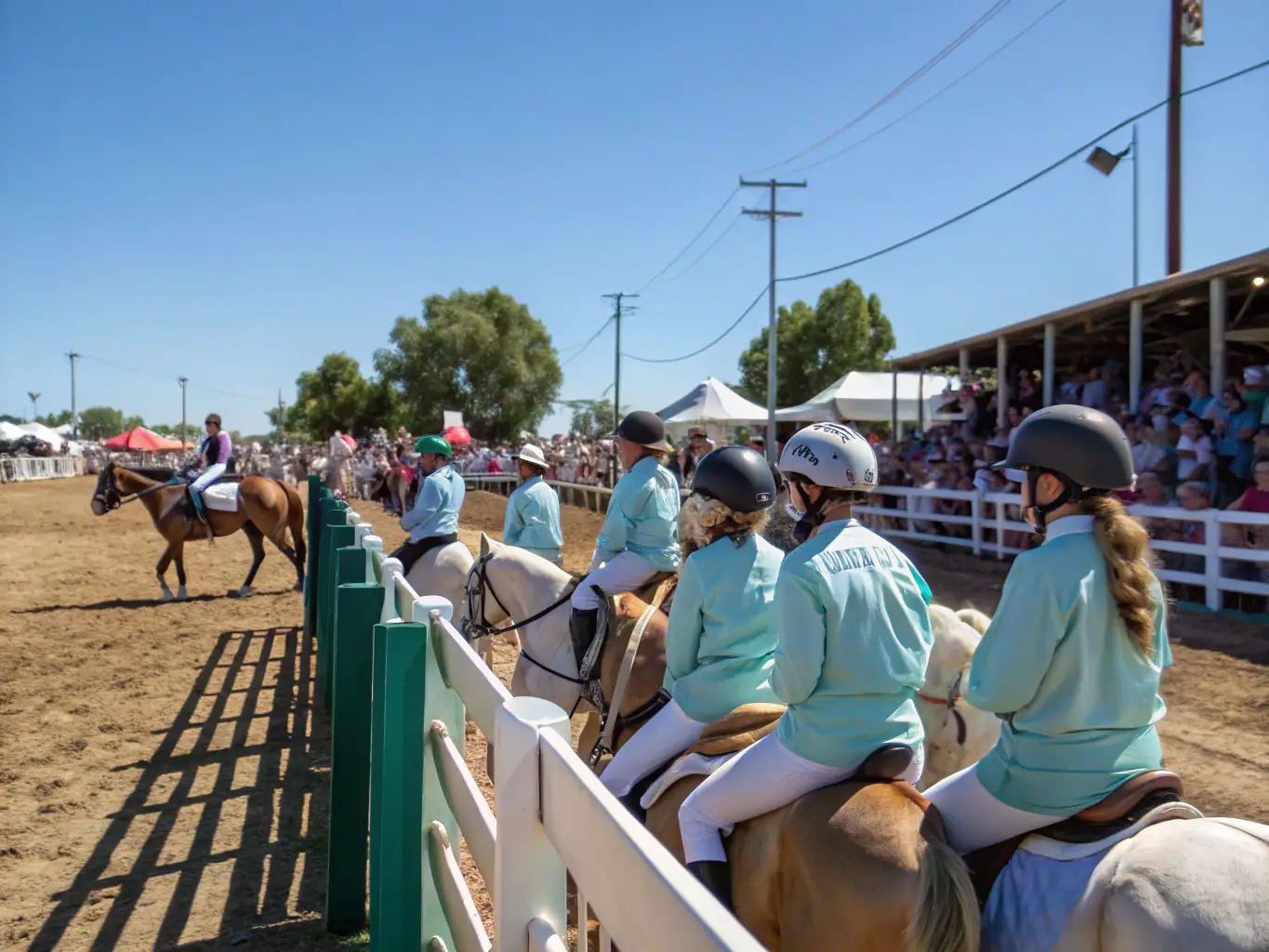 A vibrant photo of an equestrian event, showcasing riders competing in a friendly competition, with spectators cheering them on.
