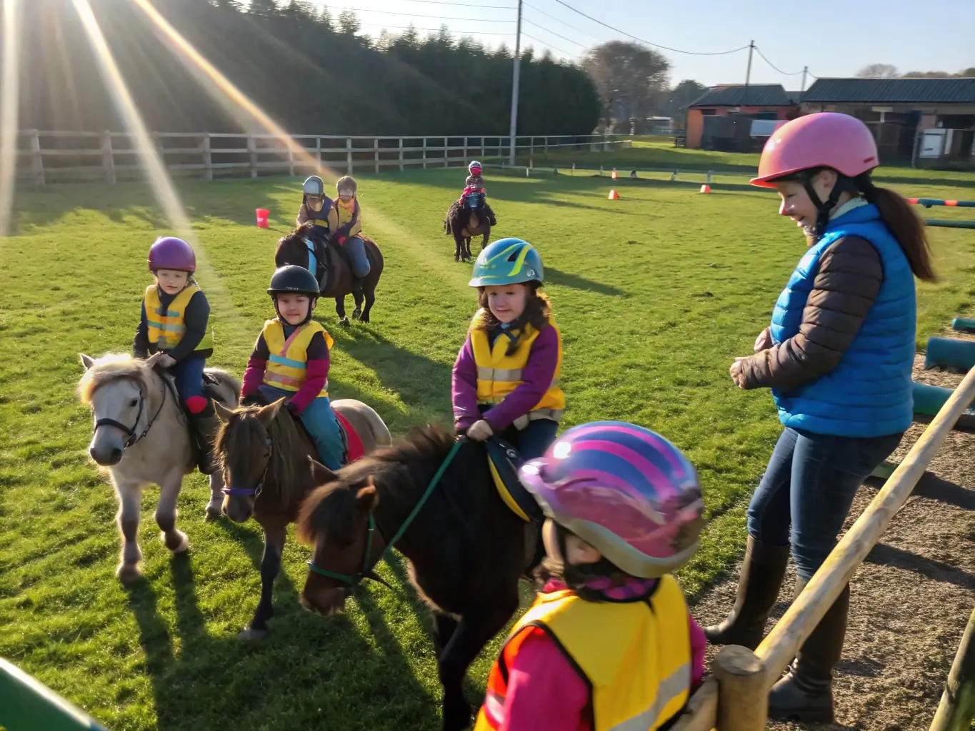 A group of children learning basic horse riding skills in a safe, enclosed arena, with instructors guiding them. The scene is bright and cheerful, emphasizing the joy of learning.