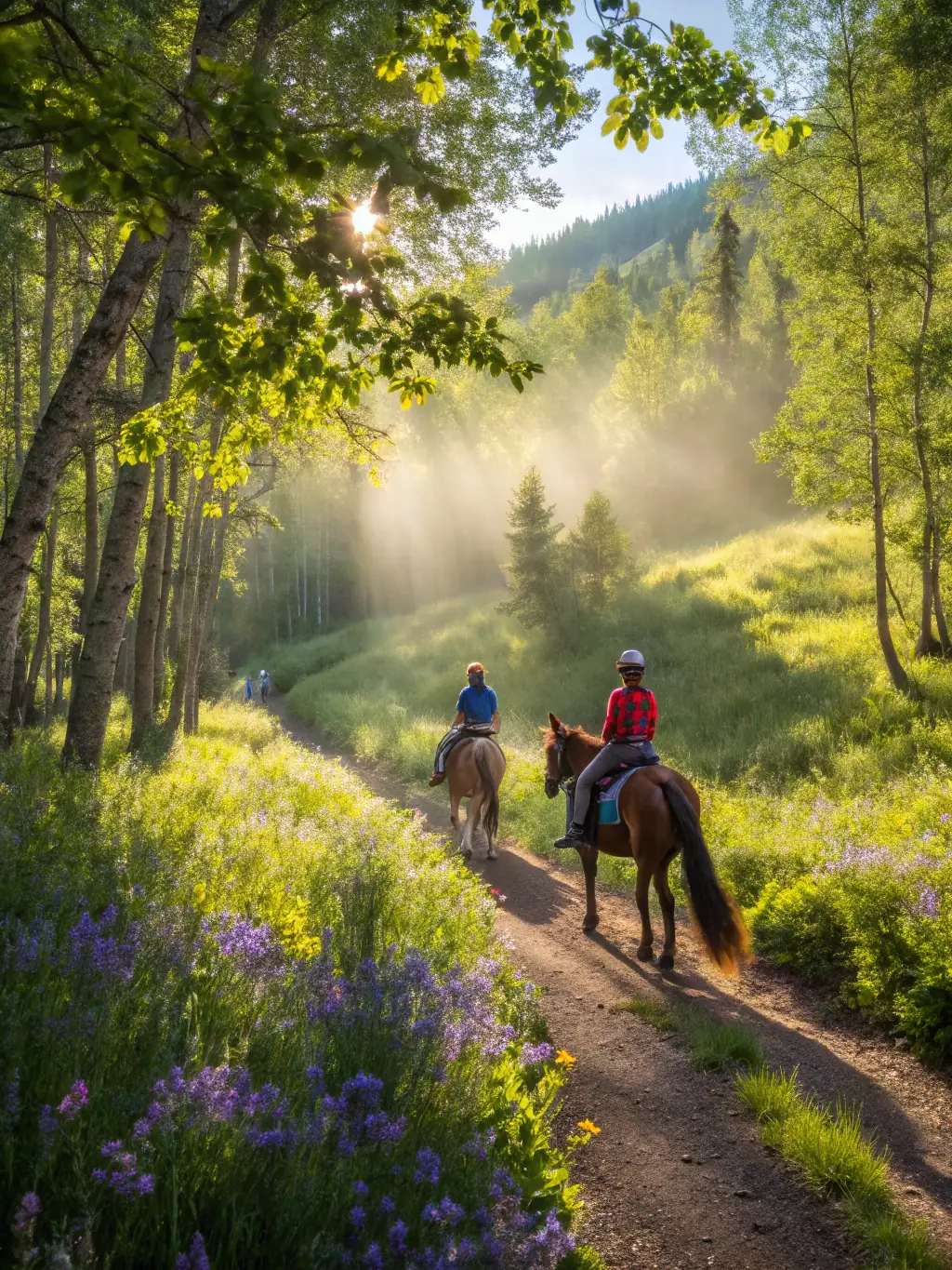 A scenic view of a group of riders on horseback traversing a well-maintained trail through the Baie de Beaussais, showcasing the natural beauty of the region.