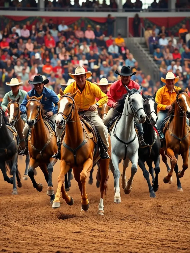 A lively scene from an equestrian event organized by the association, featuring riders competing in a friendly competition, with spectators cheering them on.