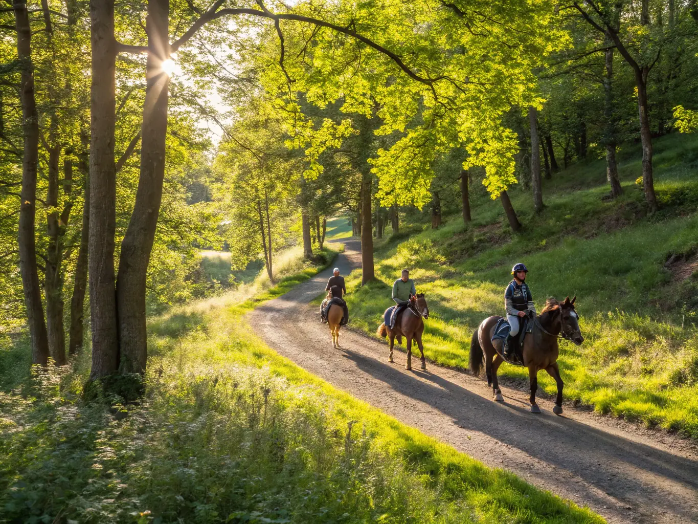 A group of riders embarking on a scenic trail ride through the beautiful Baie de Beaussais countryside, enjoying the natural landscapes and fresh air. The image captures the sense of adventure and camaraderie among the riders.