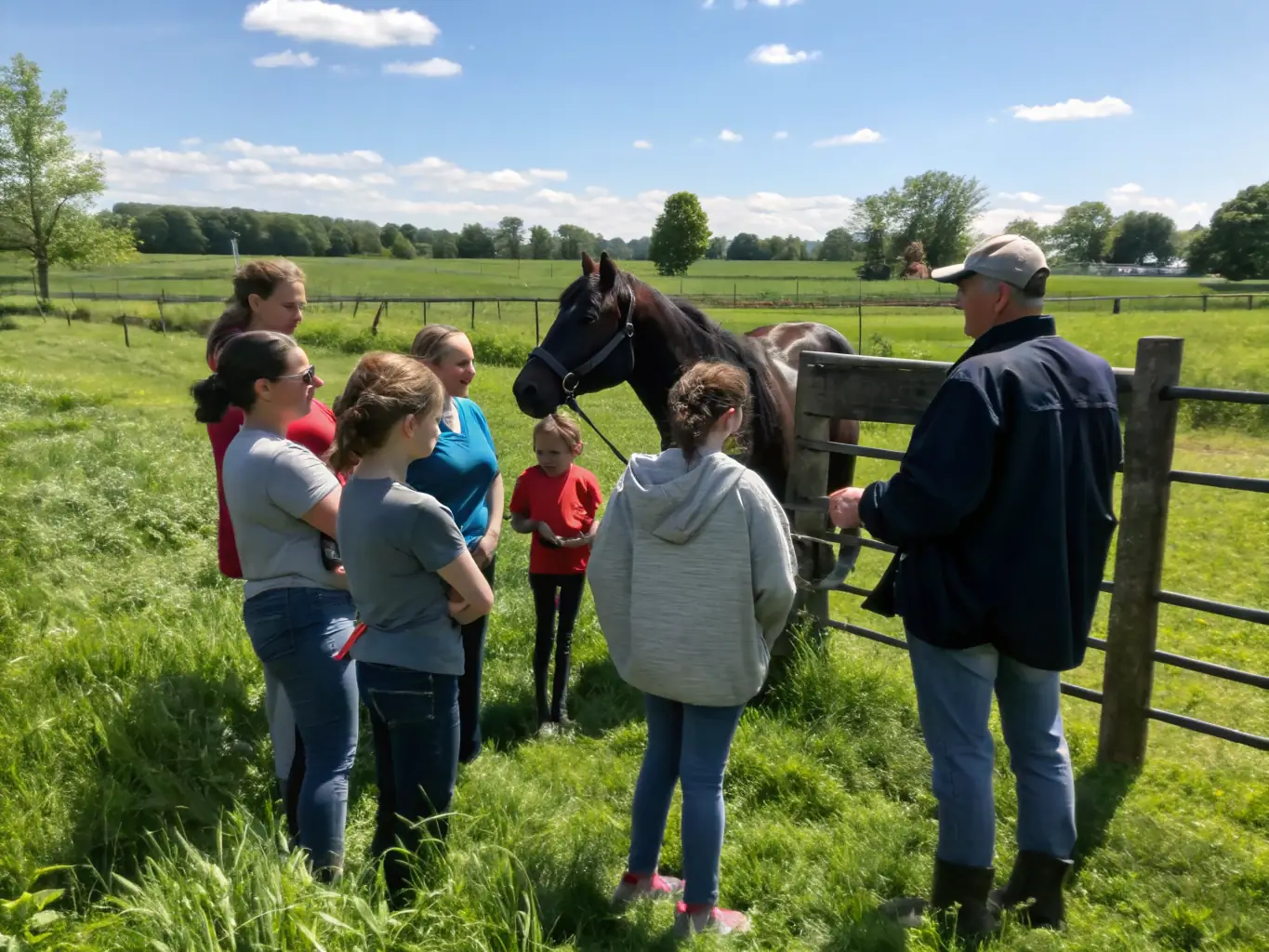 A professional equestrian trainer conducting a workshop on horse care and handling, with participants actively engaged in learning practical skills.