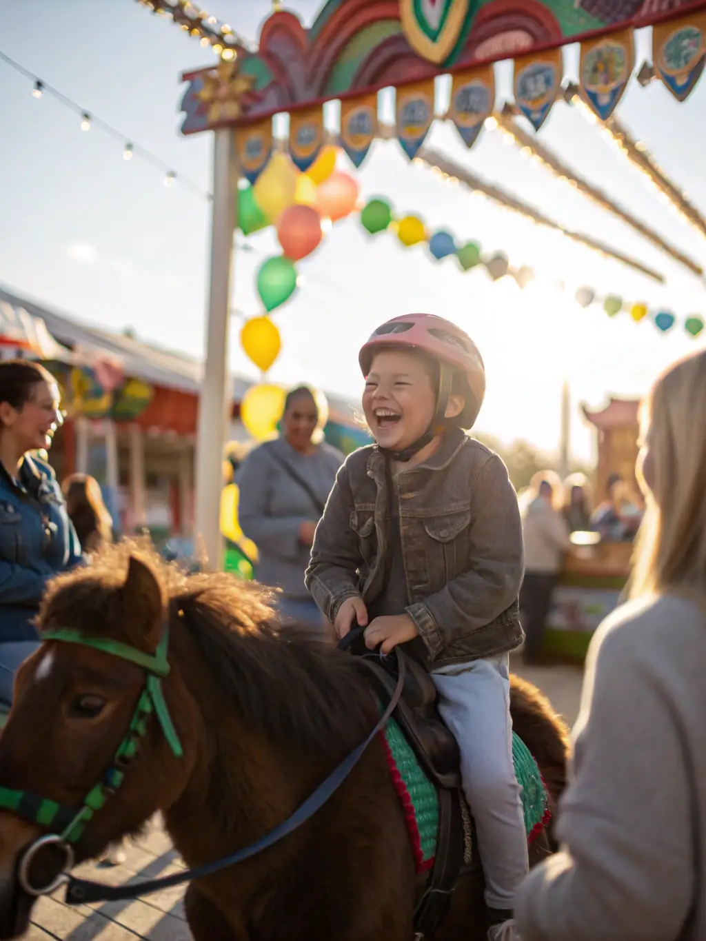 A young child being gently led on a pony ride by an instructor, showcasing the introductory equestrian program for kids at LES AMIS DU CHEVAL DE LA BAIE DE BEAUSSAIS.