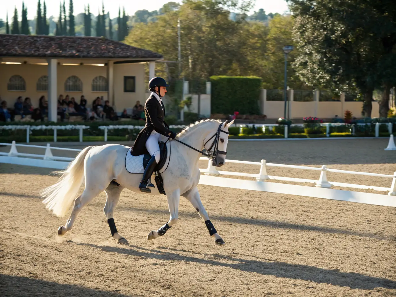 A skilled equestrian demonstrating advanced dressage techniques in a professional arena, showcasing precision and harmony between horse and rider. The image highlights the elegance and discipline of dressage as a competitive sport.