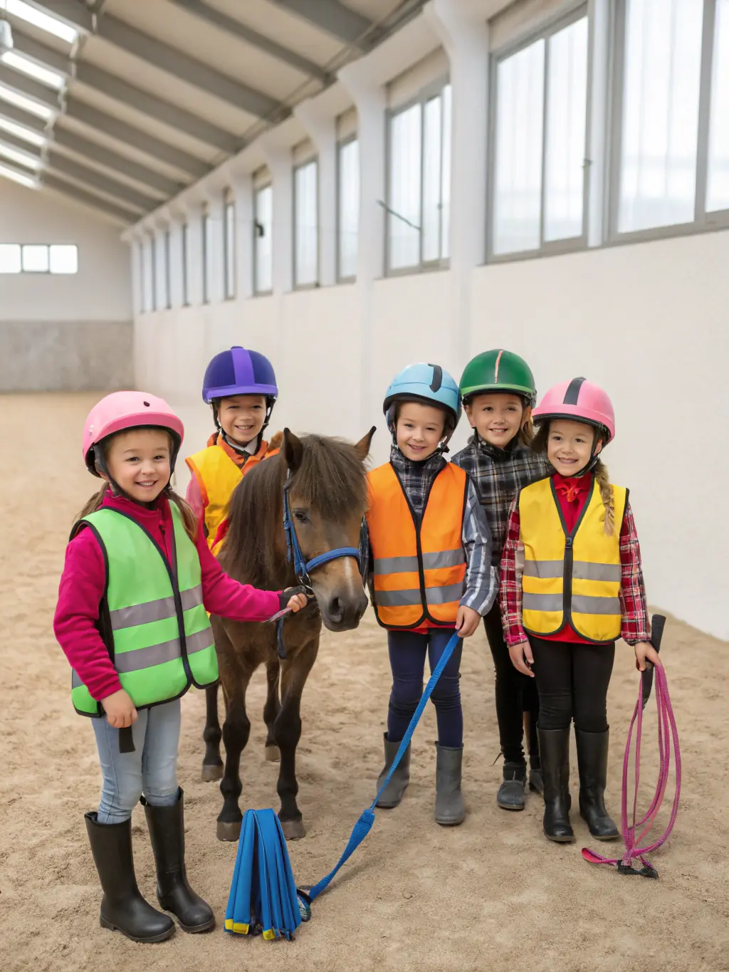 A group of children learning basic horse riding skills in a safe, enclosed arena, with instructors guiding them. The scene captures the joy and excitement of first-time riders.