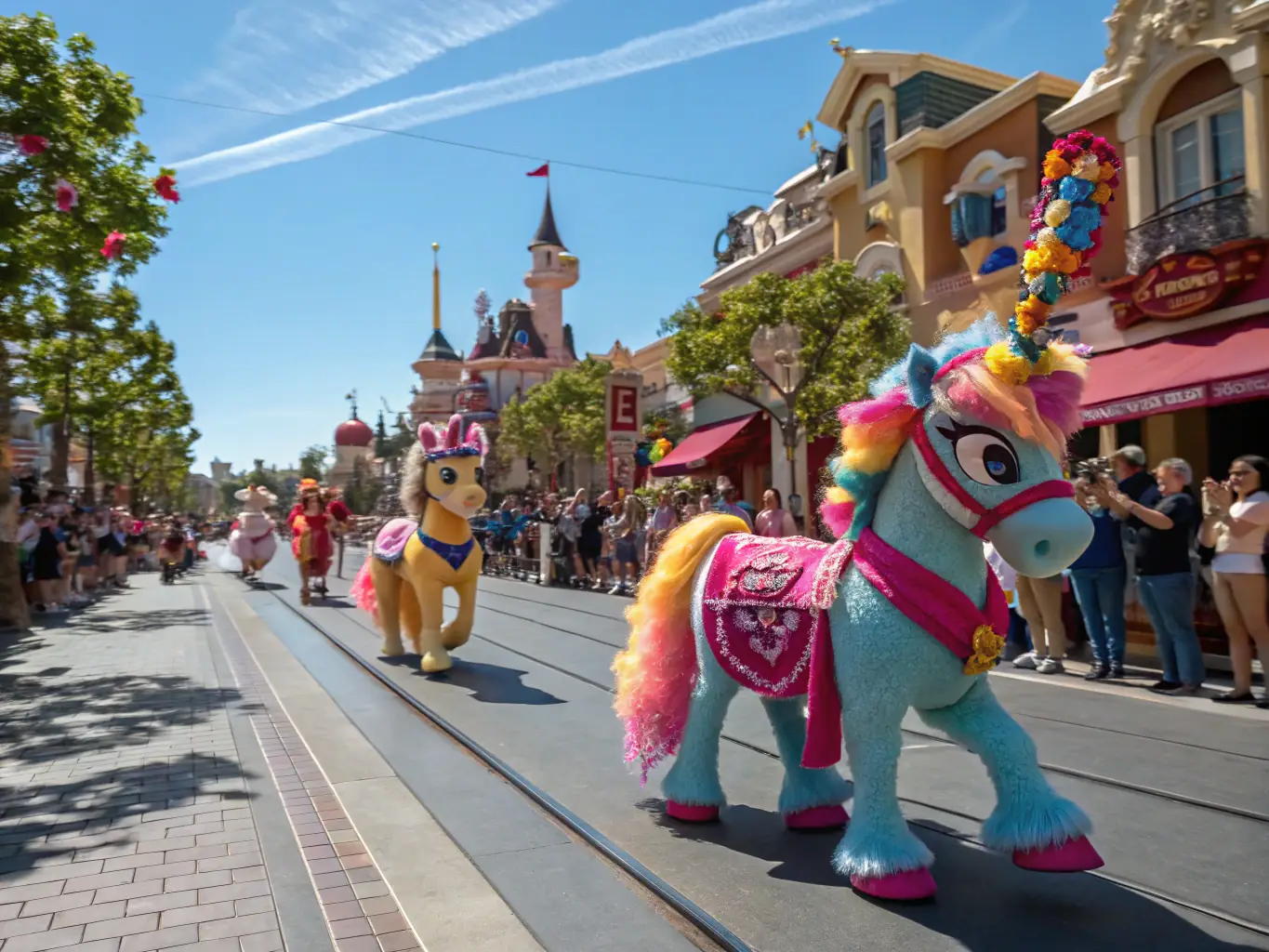 A vibrant scene from the 'Fête du Cheval' event, showcasing children enjoying pony rides and families participating in equestrian games, set against the backdrop of the beautiful Baie de Beaussais.