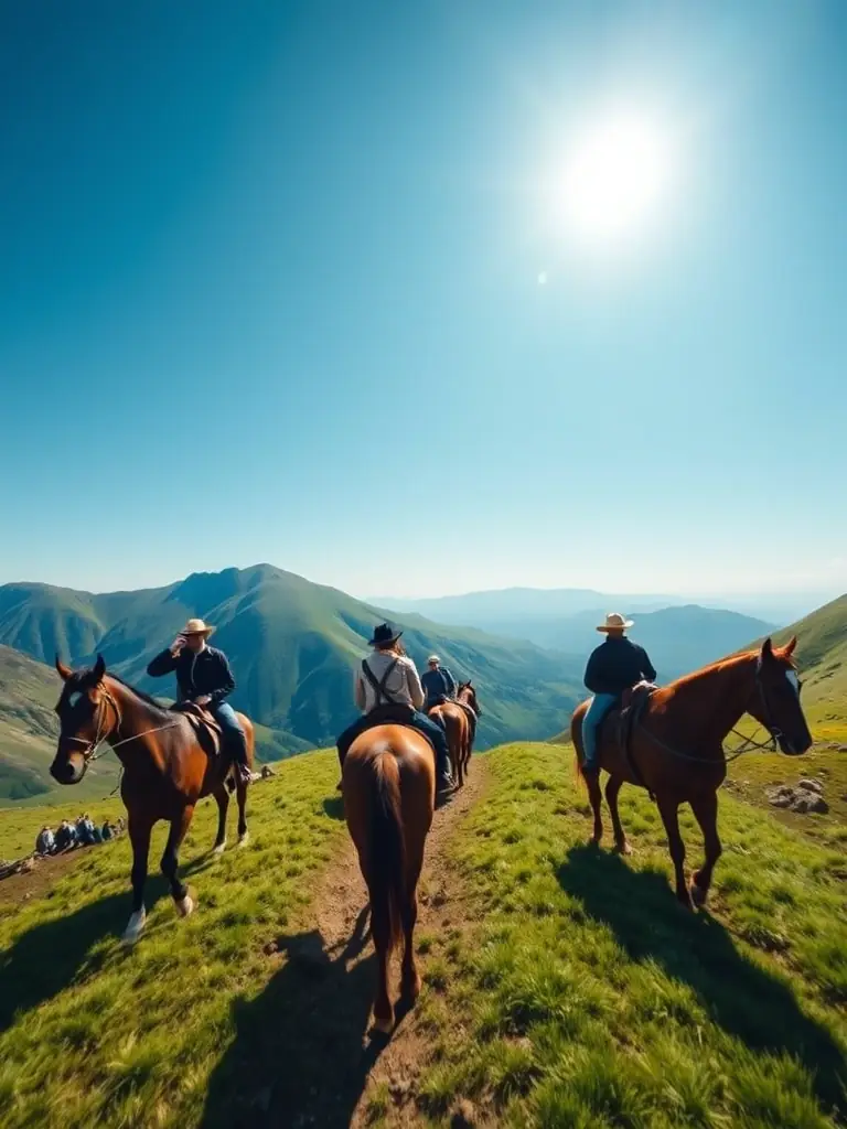 A group of adults participating in a guided horseback riding tour through the scenic trails of Baie de Beaussais, emphasizing the organization's commitment to outdoor recreation.